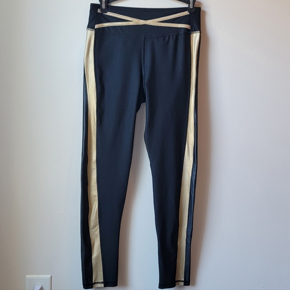 Bebe Sport Y2K Black High-Rise Leggings with Gold Foil Racer Stripe Size Medium